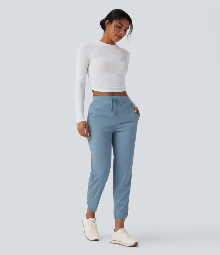 Mid Rise Drawstring Curved Hem Quick Dry Golf Tapered Trousers with Pockets-UPF40+