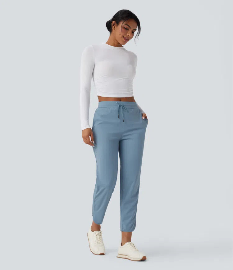 Mid Rise Drawstring Curved Hem Quick Dry Golf Tapered Trousers with Pockets-UPF40+