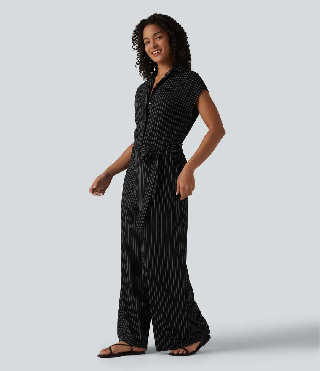 Short Sleeve Belted Stripe InstantCool Work Shirt Jumpsuit with Pockets-Easy Peezy Edition