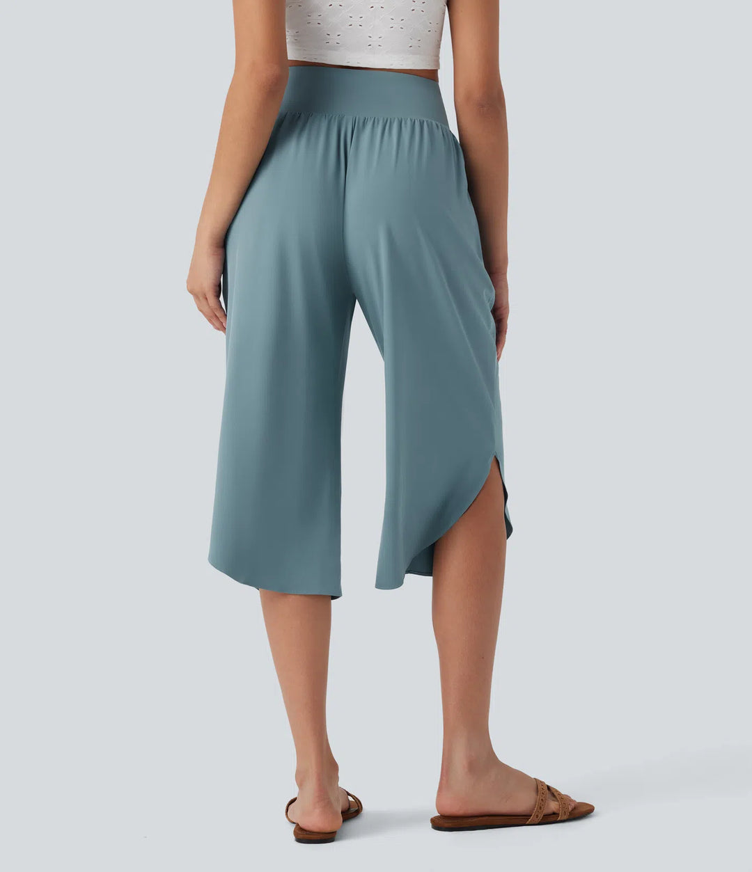Breezeful High Waisted Tummy Control Hem Quick Dry Capri Trousers with Pockets