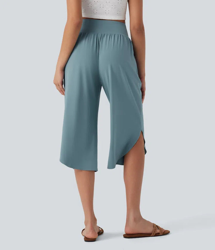 Breezeful High Waisted Tummy Control Hem Quick Dry Capri Trousers with Pockets