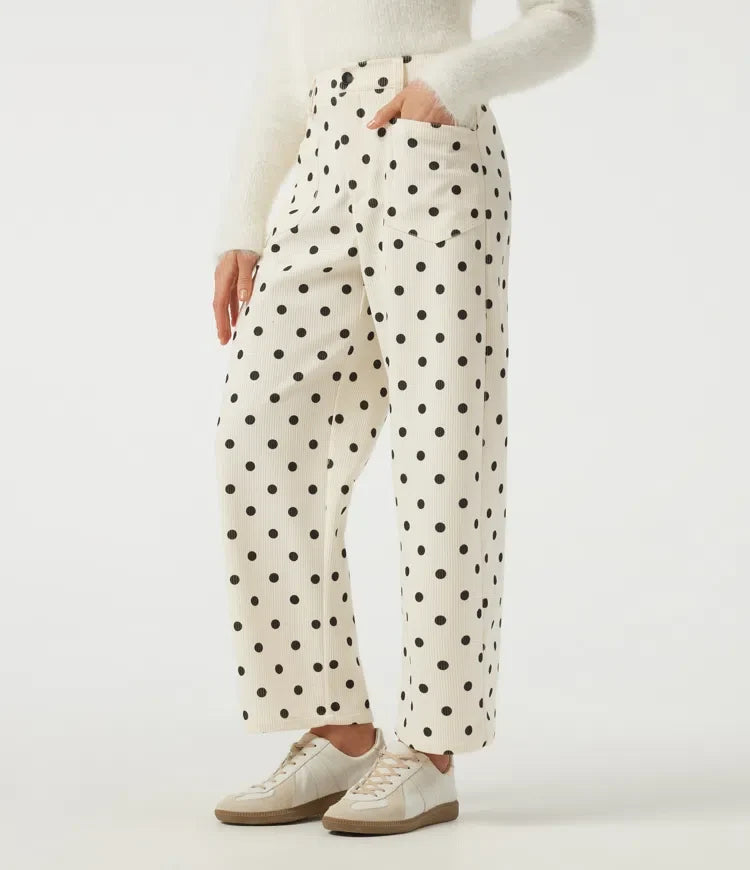 Mid Rise Barrel Leg Polka Dot Corduroy Casual Trousers with Pockets