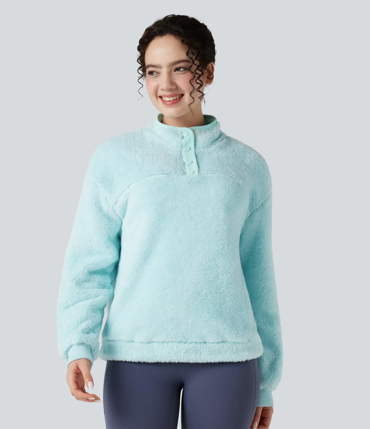 Stand Collar Button Casual Fleece Sweatshirt