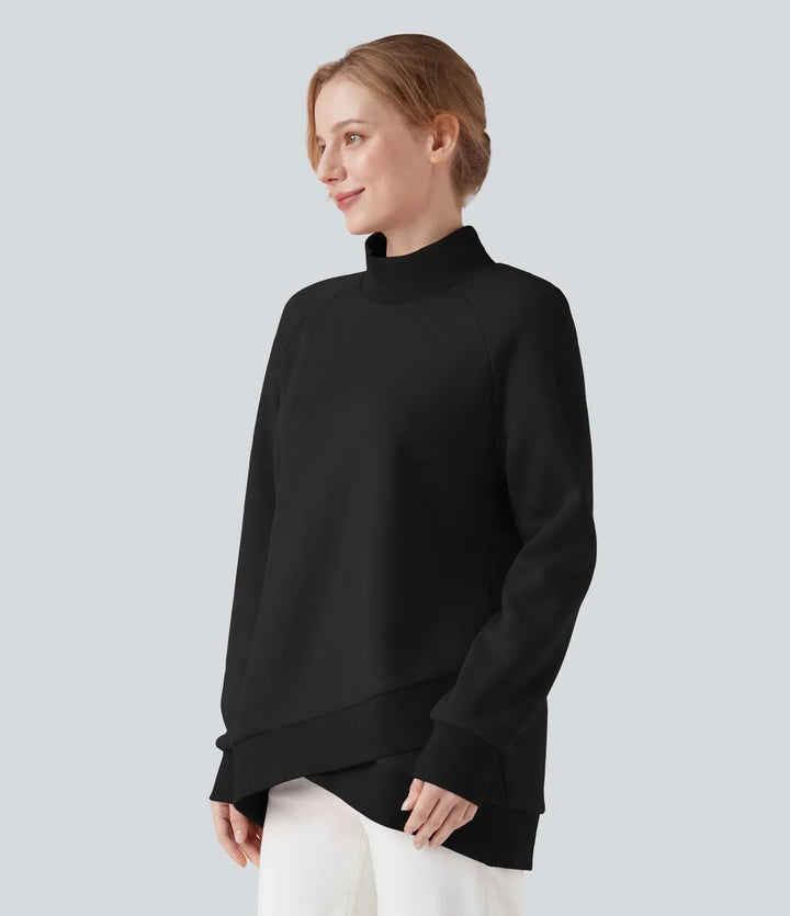 Mock-neck Raglan Long Sleeve Crossover Hem Fleece Casual Sweatshirt
