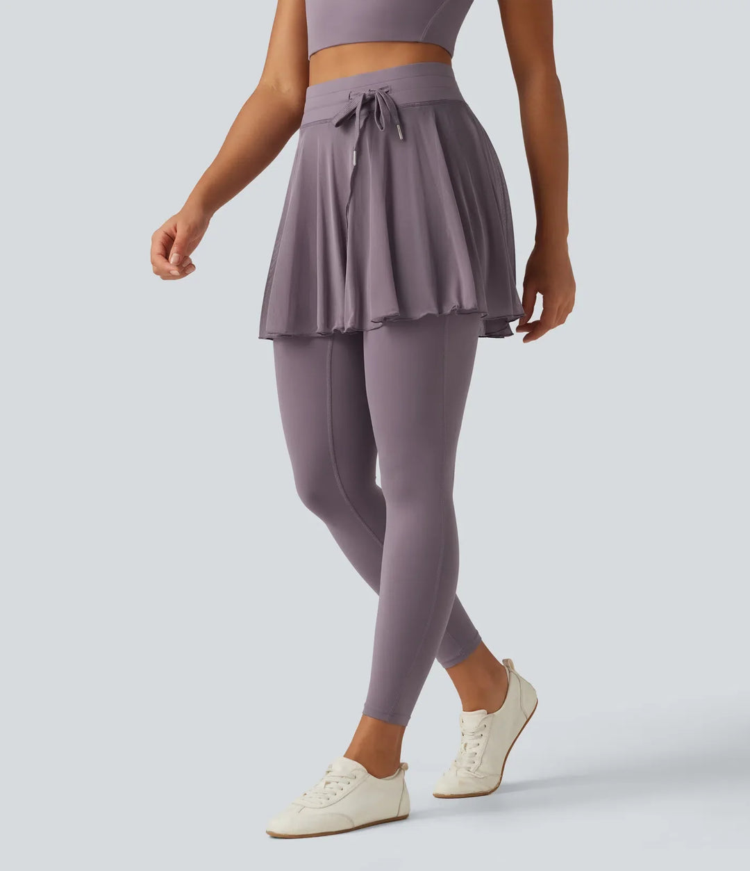 SoftlyZero High Waisted Drawstring Mesh Dance Skirted Leggings with Pockets