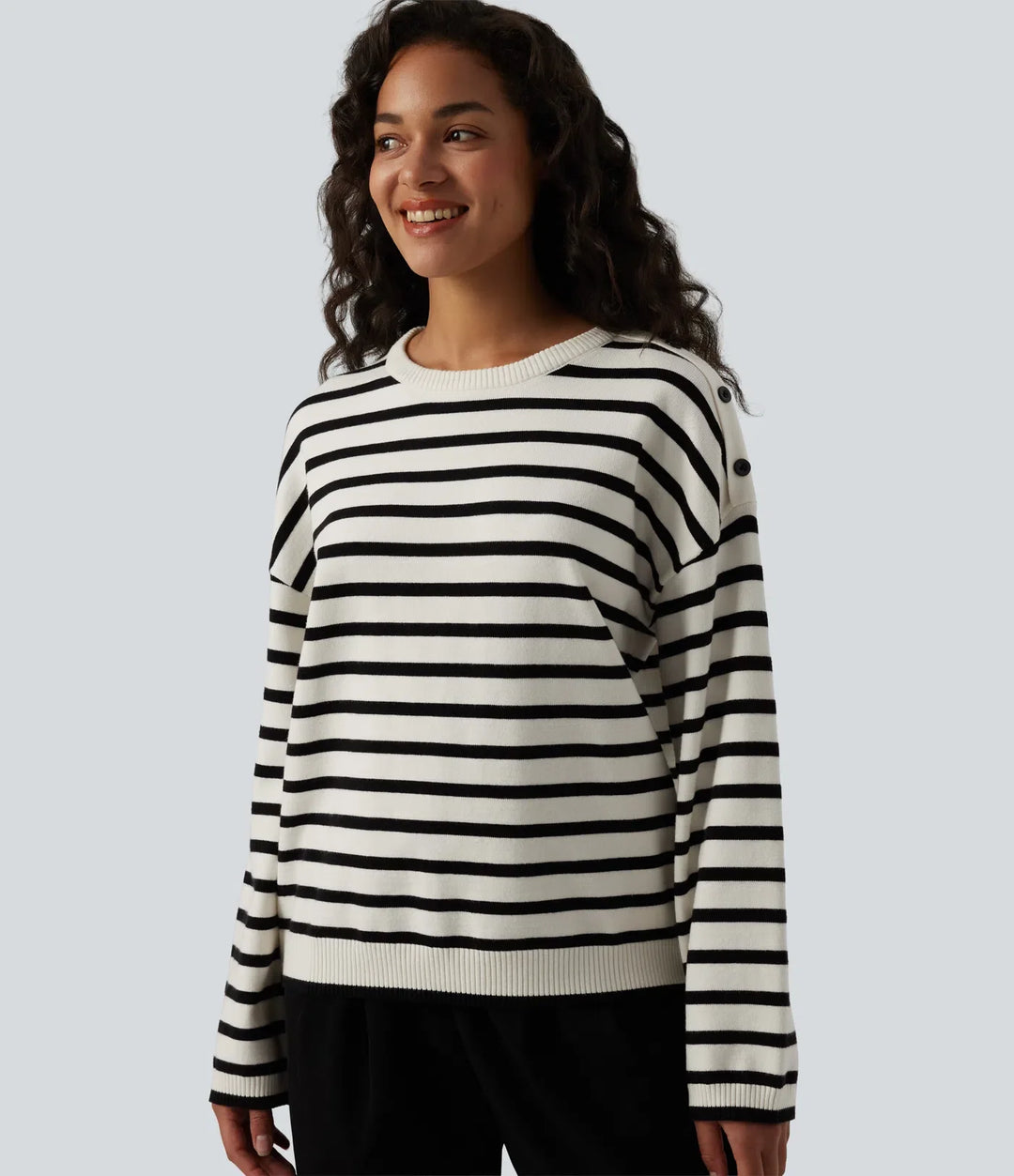 Round Neck Long Sleeve Stripe Decorative Button Casual Jumper