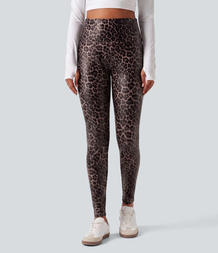High Waisted Tummy Control Stretchy PU Leopard Print Skinny Casual Leggings with Pockets