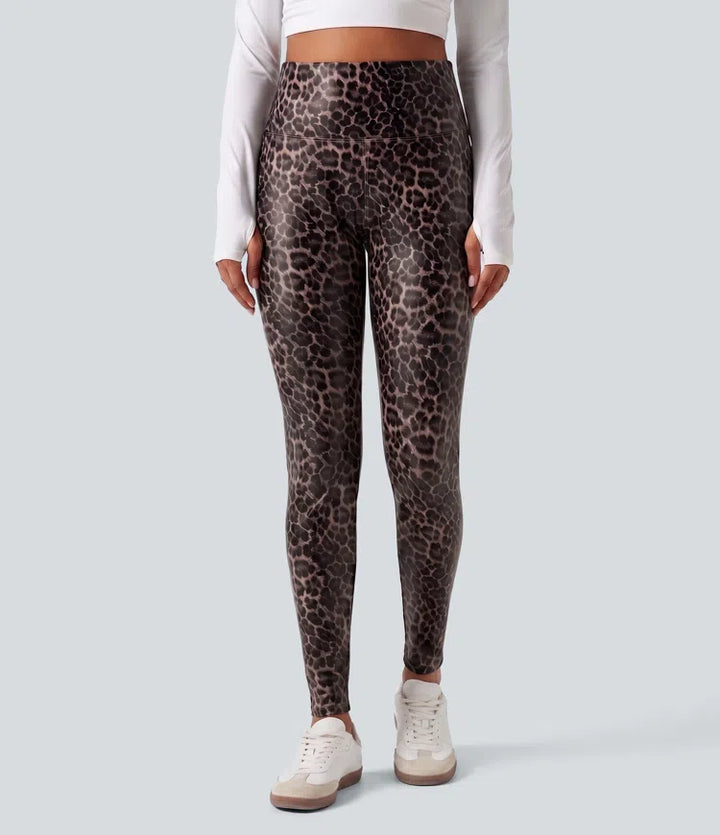 High Waisted Tummy Control Stretchy PU Leopard Print Skinny Casual Leggings with Pockets