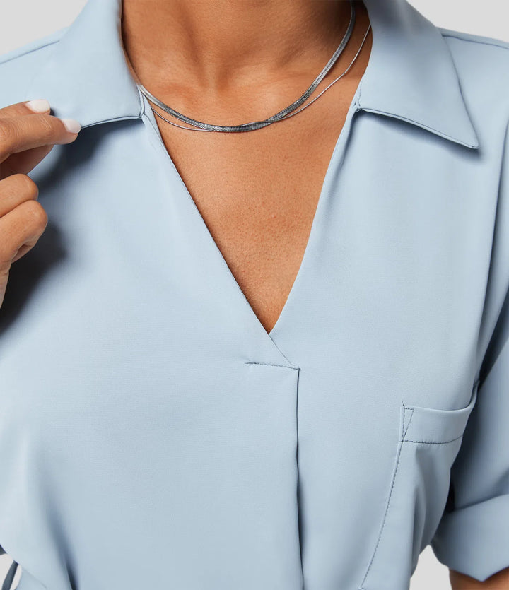 Collared Roll Up Sleeve Belted Relaxed Work Shirt Dress