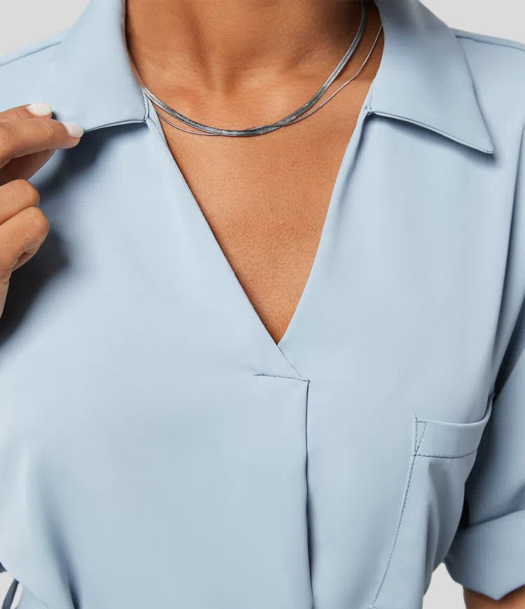 Collared Roll Up Sleeve Belted Relaxed Work Shirt Dress