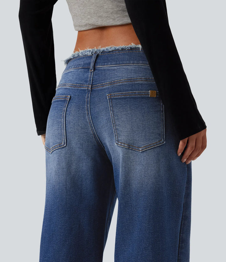 Low Rise Raw Hem Wide Leg Casual Jeans with Pockets
