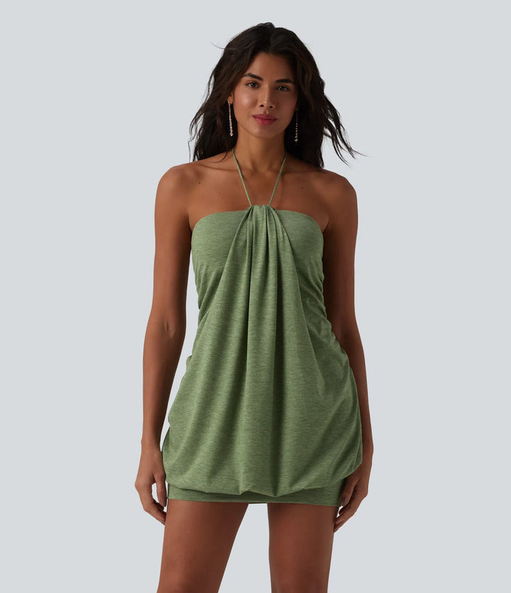 Halter Tie Back Built-in Bra Bodycon Micro Mini Dress