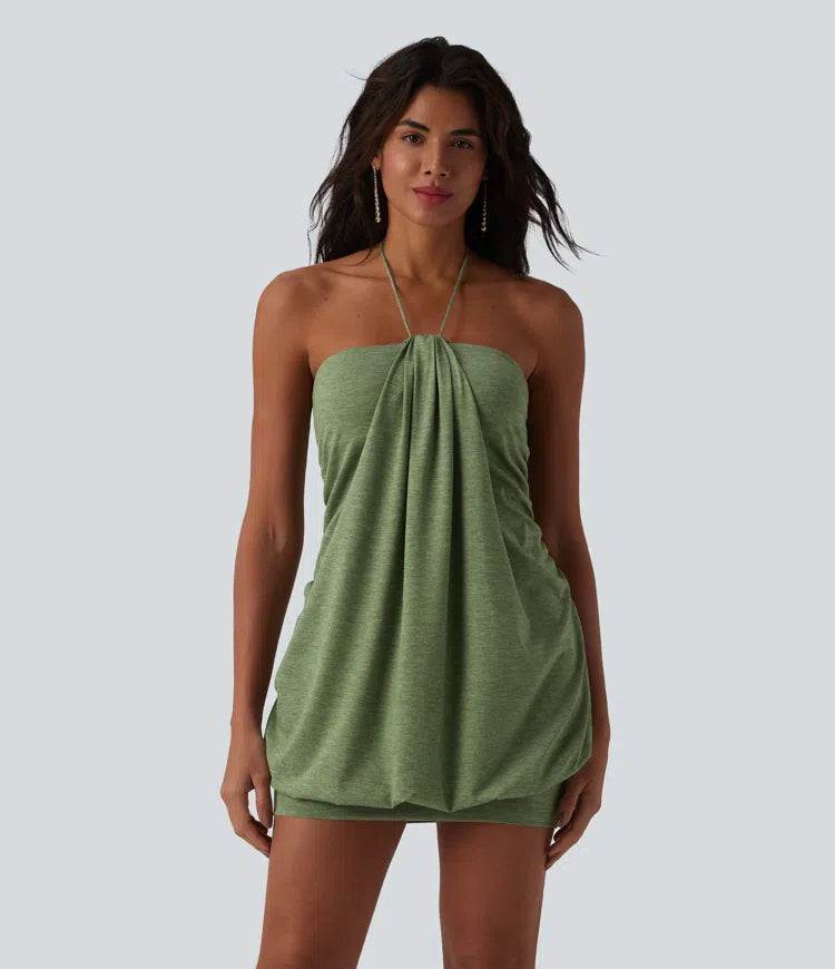 Halter Tie Back Built-in Bra Bodycon Micro Mini Dress
