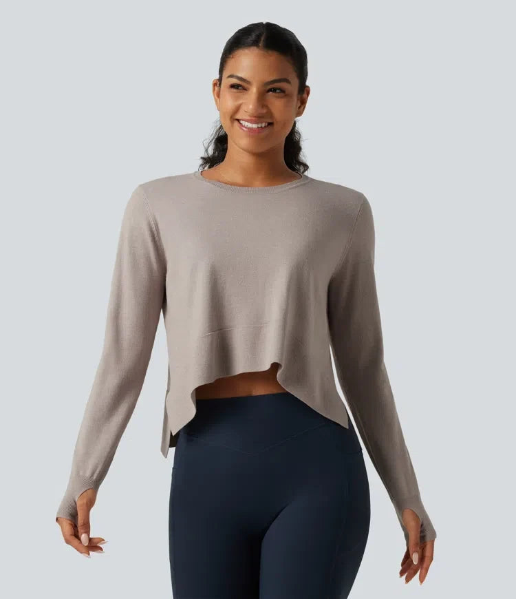 Round Neck Long Sleeve Asymmetric Thumb Holes Casual Jumper
