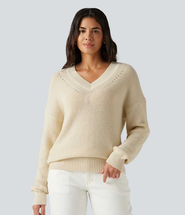 V Neck Dropped Shoulder Long Sleeve Cut Out Casual Jumper