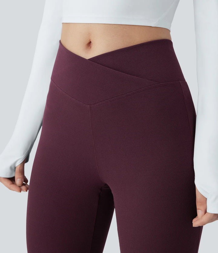Crossover High Waisted Pocket Waffle Casual Flared Trousers