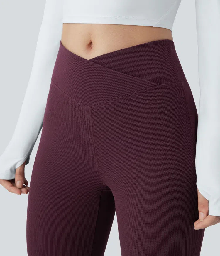 Crossover High Waisted Pocket Waffle Casual Flared Trousers