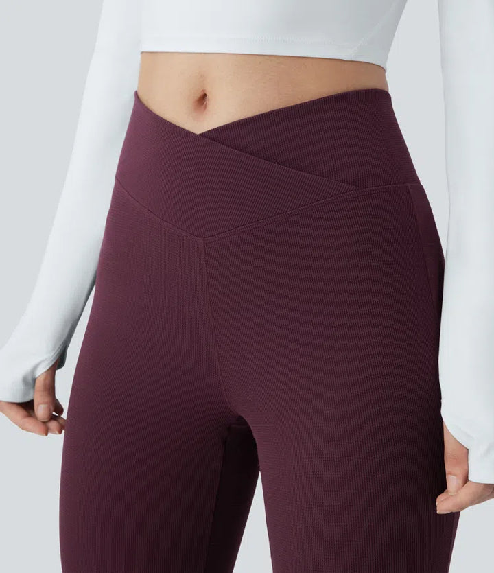 Crossover High Waisted Pocket Waffle Casual Flared Trousers