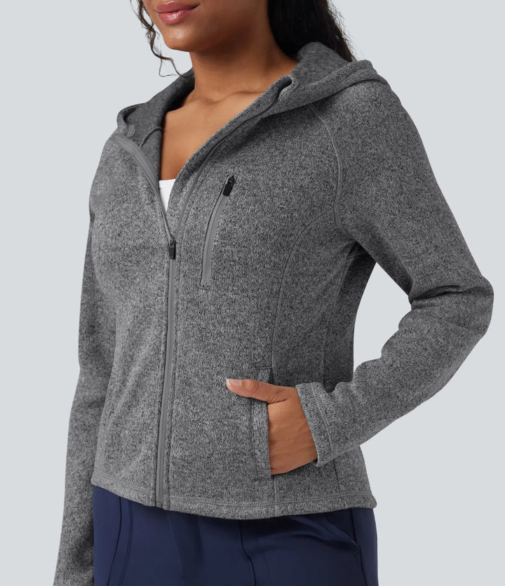 Hooded Long Sleeve Fleece Knitted Hiking Jacket with Pockets