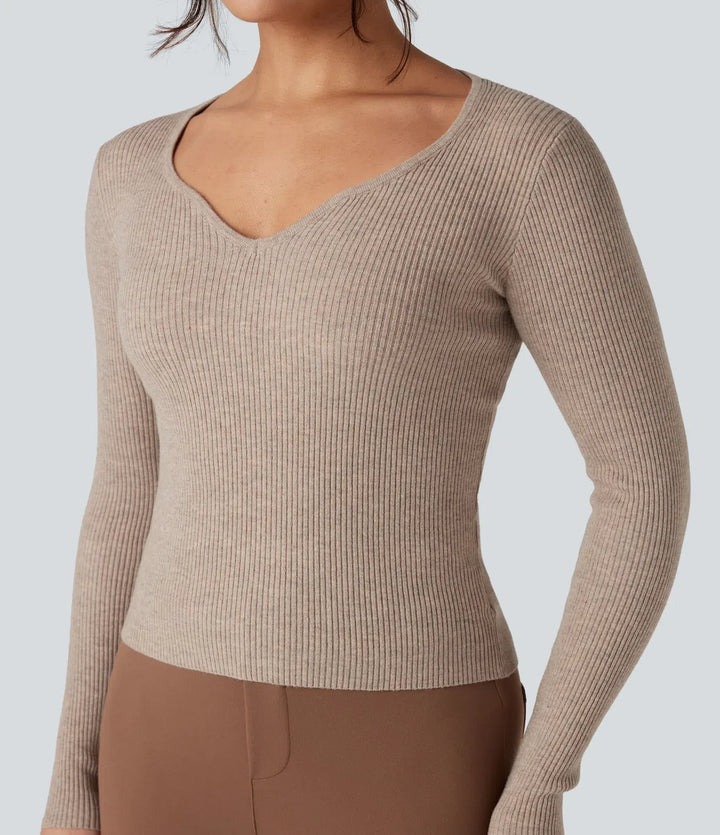 Ribbed Knit Sweetheart Neck Long Sleeve Work Jumper