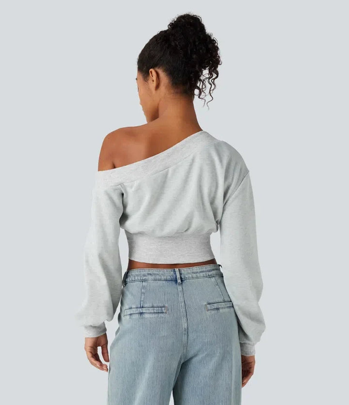 One-shoulder Long Sleeve Cropped Casual Sweatshirt