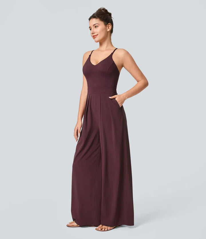 Breezeful Backless Side Invisible Zipper Pocket Wide Leg Quick Dry Resort Slip Jumpsuit