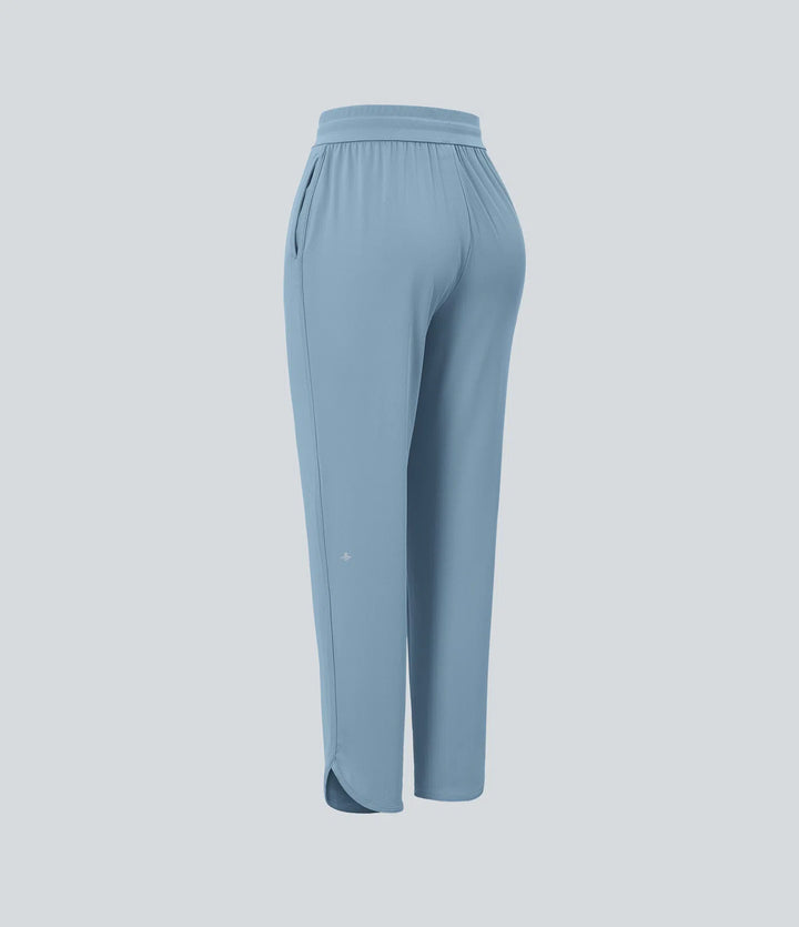 Mid Rise Drawstring Curved Hem Quick Dry Golf Tapered Trousers with Pockets-UPF40+