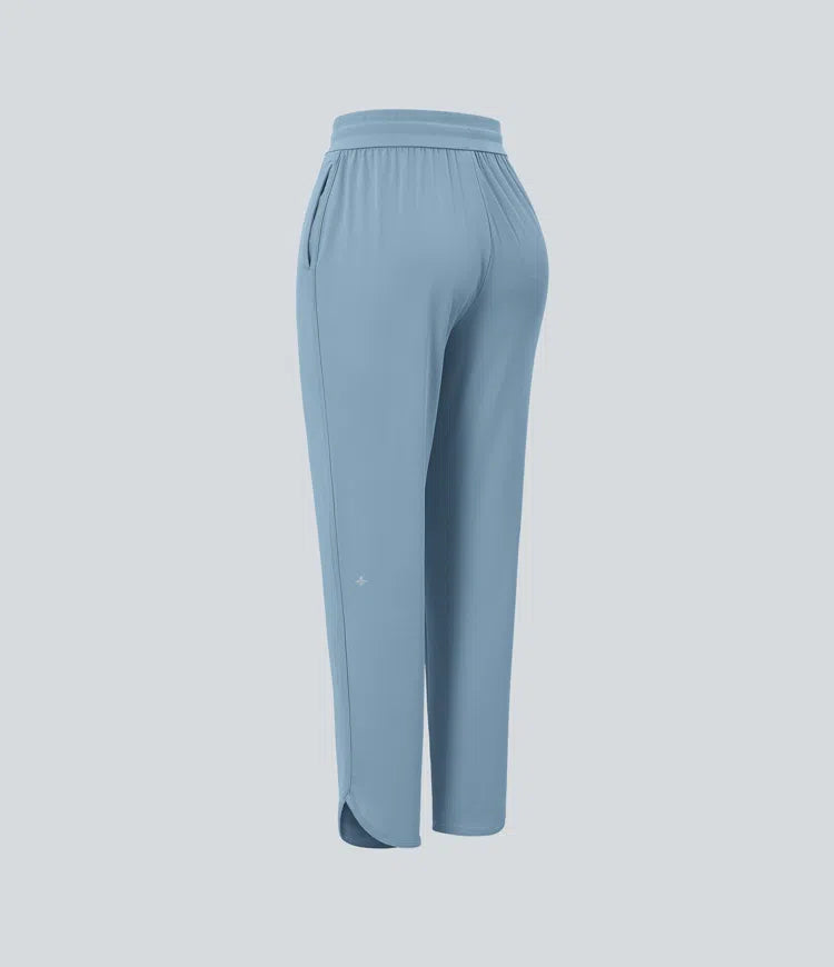 Mid Rise Drawstring Curved Hem Quick Dry Golf Tapered Trousers with Pockets-UPF40+
