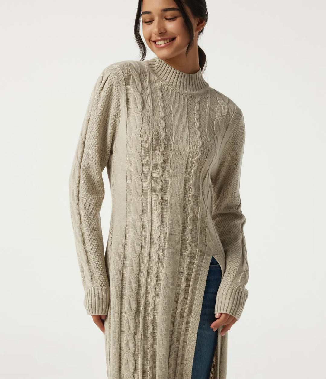 Mock Neck Long Sleeve Cable Stitch Casual Midi Jumper Dress