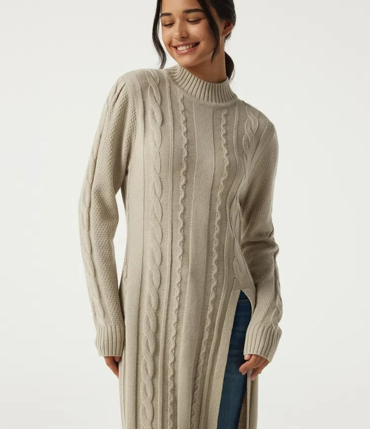 Mock Neck Long Sleeve Cable Stitch Casual Midi Jumper Dress