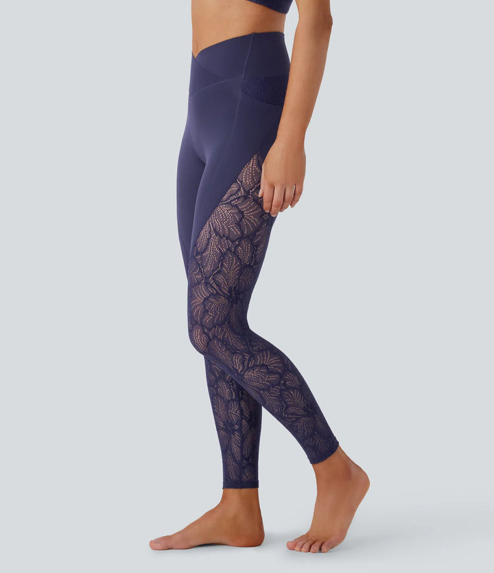 SoftlyZero High Waisted Crossover Pocket Contrast Lace 7/8 Yoga Leggings