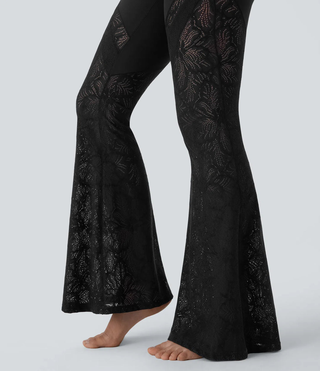Softlyzero High Waisted Crossover Back Pocket Contrast Lace Flared Yoga Leggings