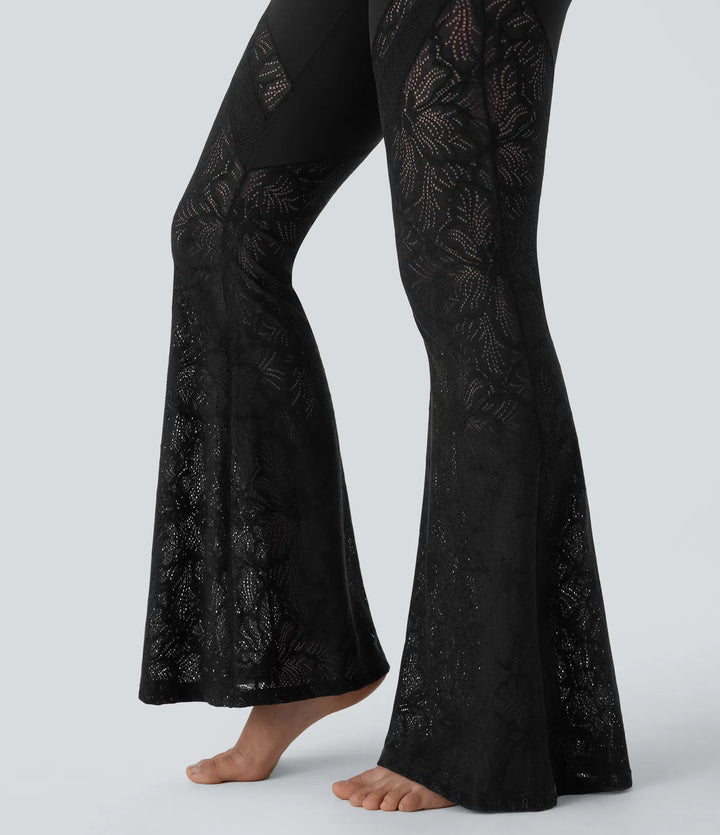 Softlyzero High Waisted Crossover Back Pocket Contrast Lace Flared Yoga Leggings