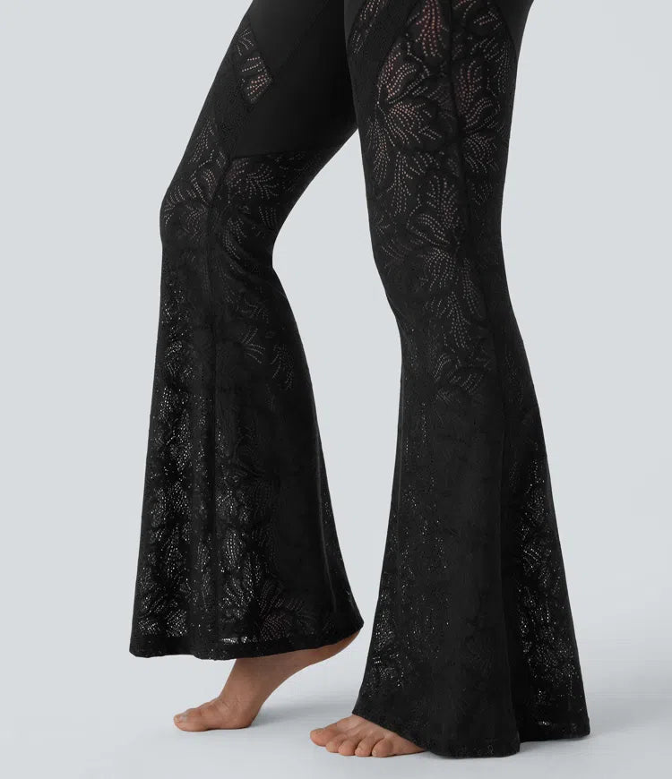 Softlyzero High Waisted Crossover Back Pocket Contrast Lace Flared Yoga Leggings