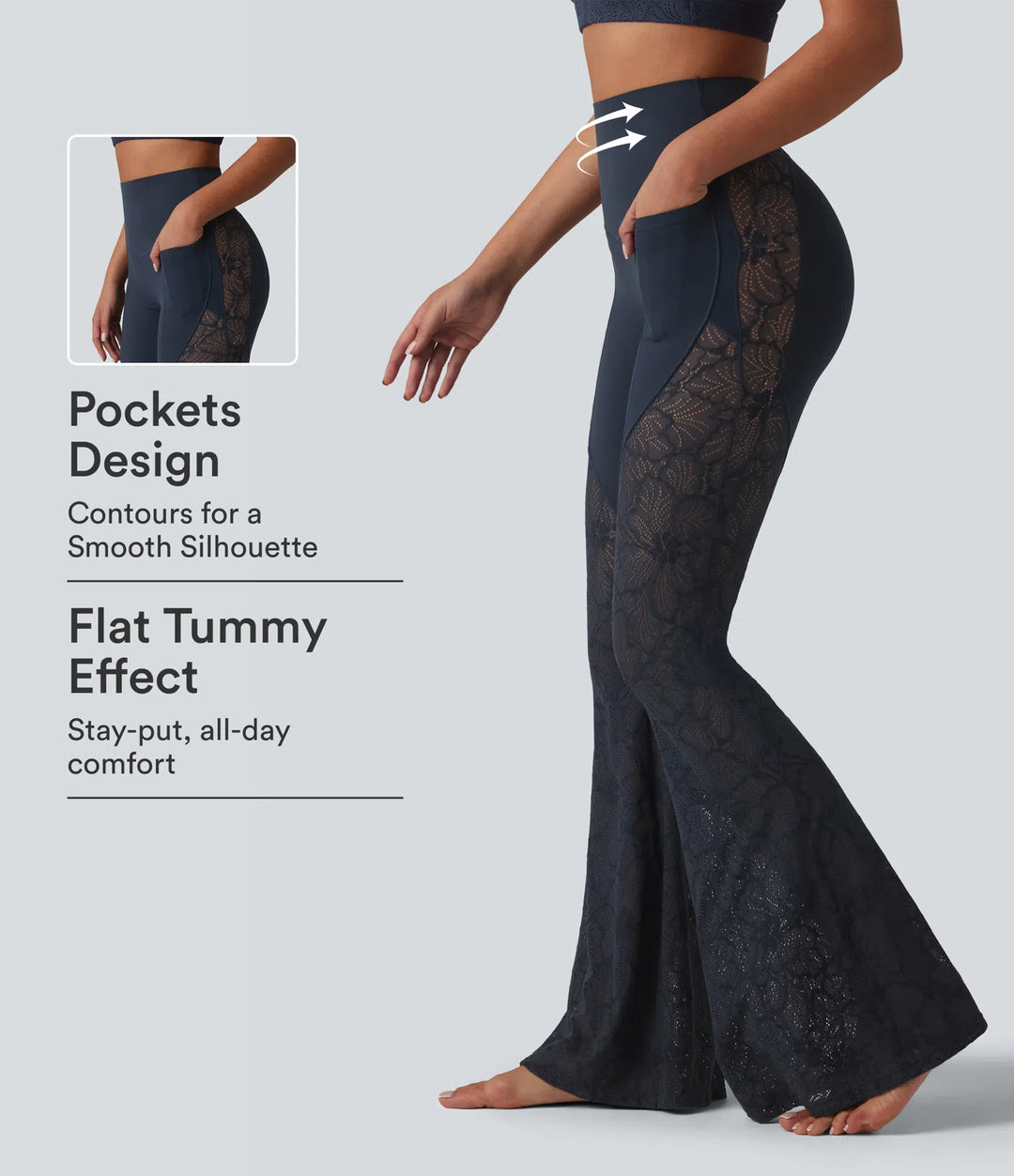Halara UltraSculpt High Waisted Tummy Control Contrast Lace Yoga Flare Leggings with Pockets