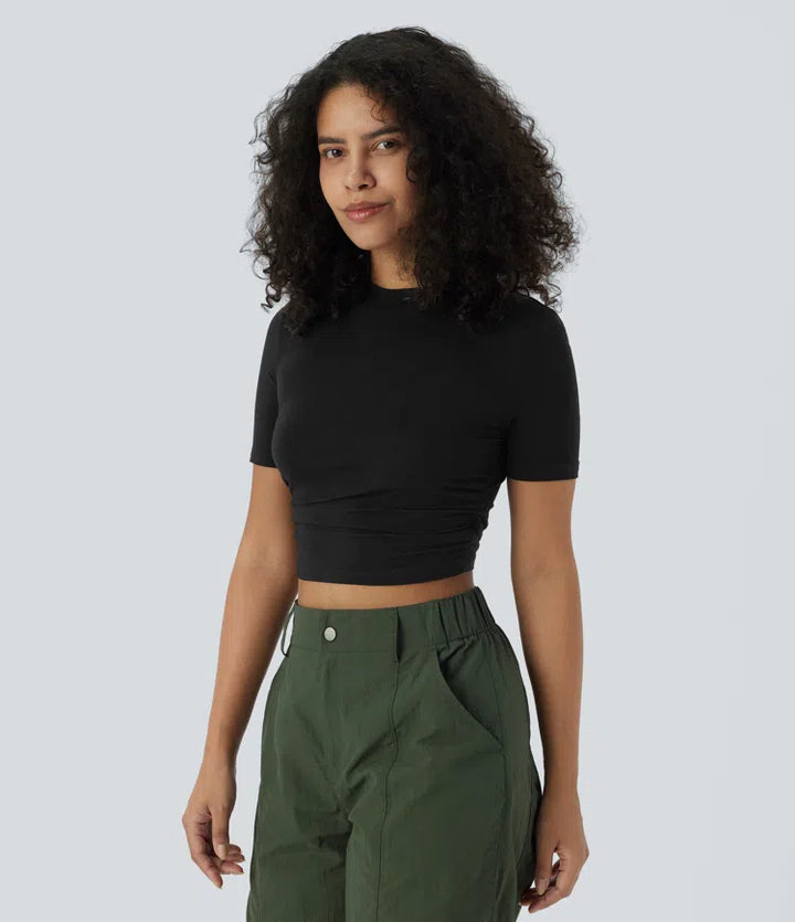 Round Neck Short Sleeve Ruched Skinny Cropped Casual T-Shirt