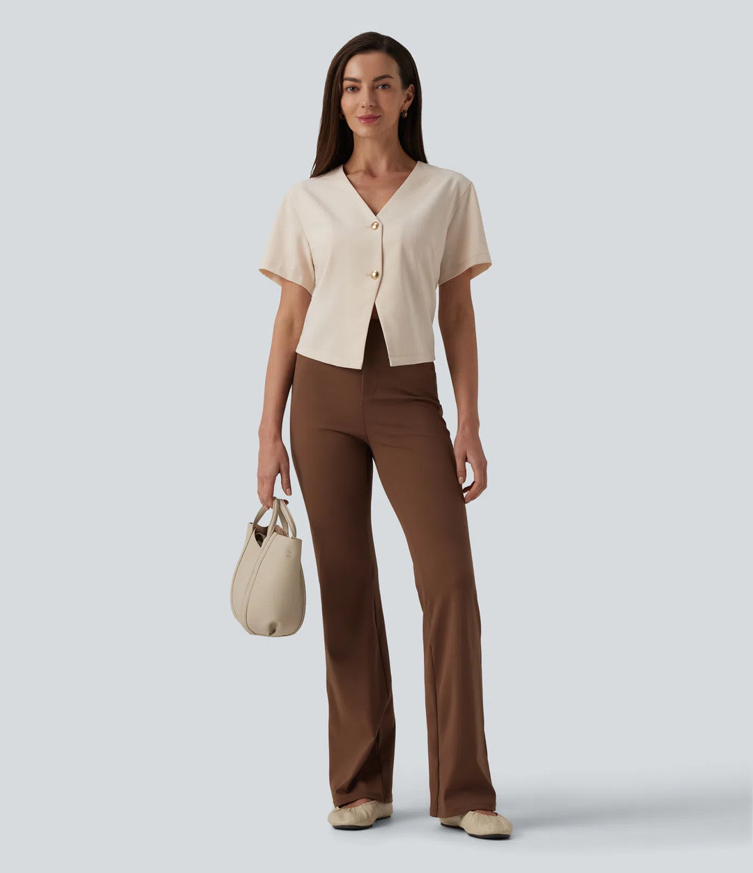 V Neck Short Sleeve Work Linen-Feel Blouse