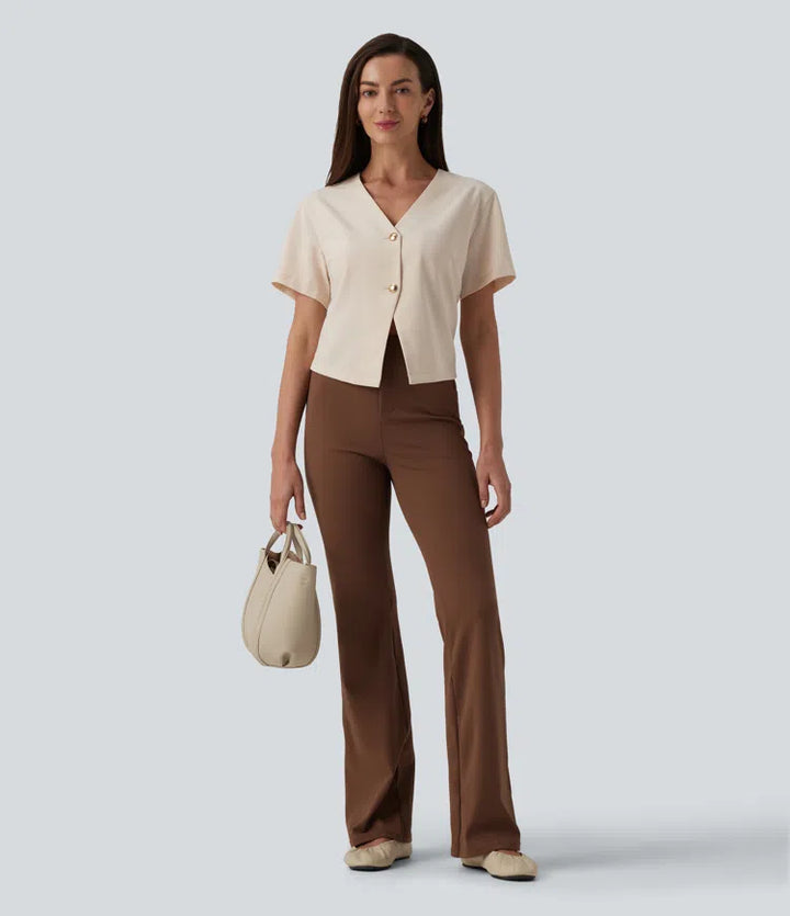 V Neck Short Sleeve Work Linen-Feel Blouse