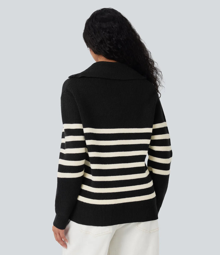 Half Zip Lapel Color Block Striped Casual Jumper