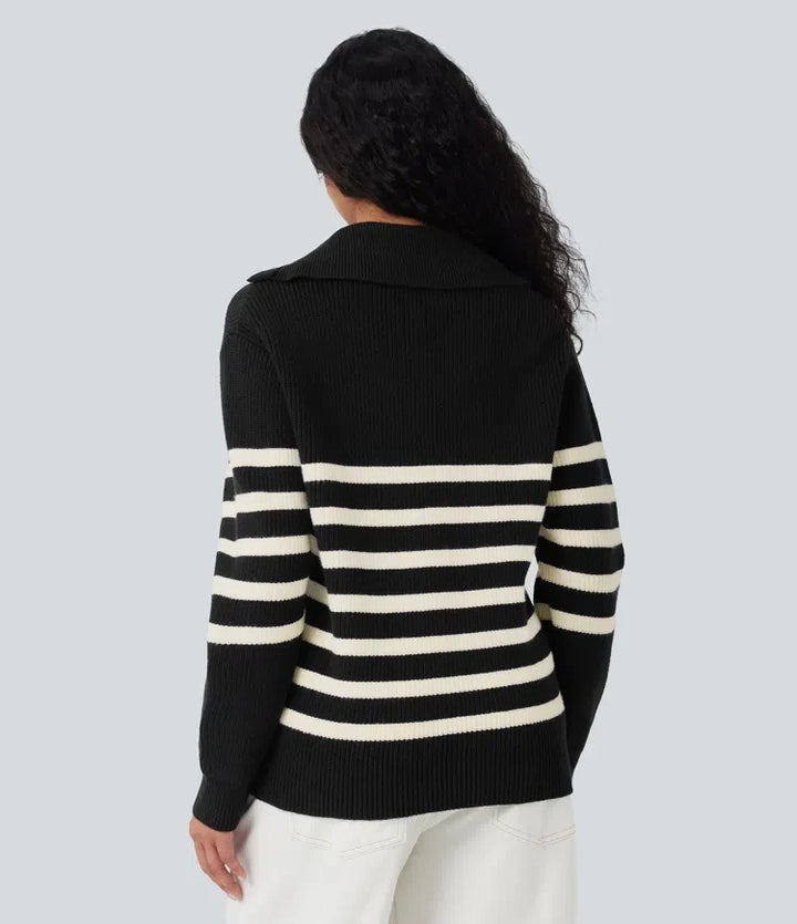 Half Zip Lapel Color Block Striped Casual Jumper