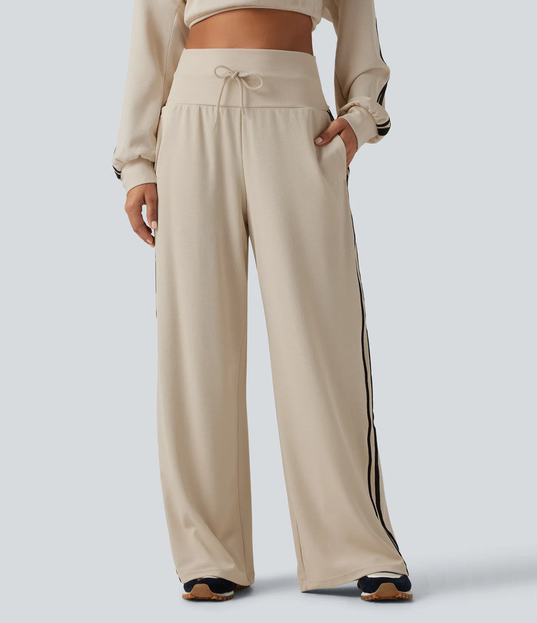High Waisted Drawstring Wide Leg Side Stripe Waffle Casual Trousers with Pockets