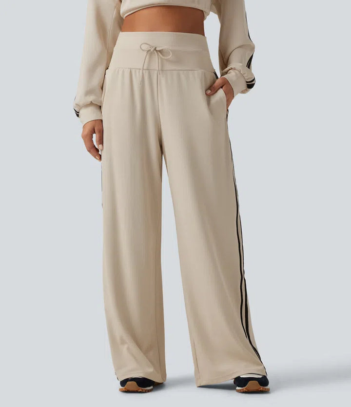 High Waisted Drawstring Wide Leg Side Stripe Waffle Casual Trousers with Pockets