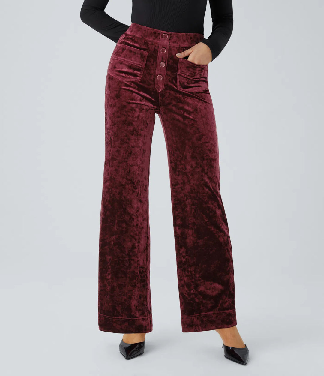 High Waisted Pockets Straight Leg Velvet Casual Trousers