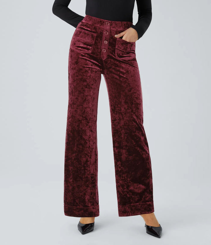 High Waisted Pockets Straight Leg Velvet Casual Trousers