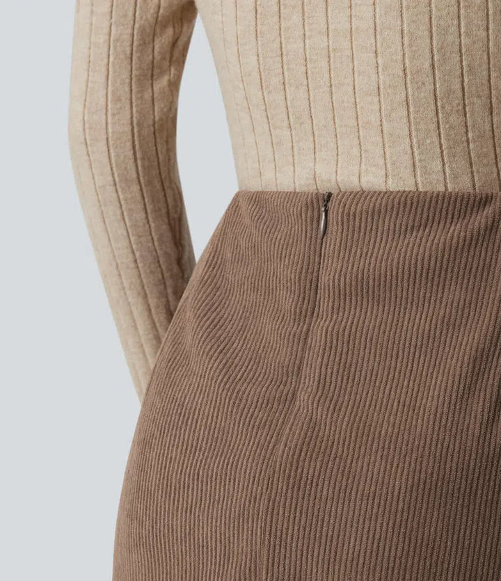 High Waisted Back Zipper Split Hem 2-in-1 Corduroy Casual Skirt-Longer Length