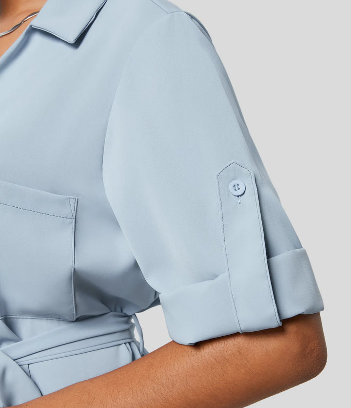 Collared Roll Up Sleeve Belted Relaxed Work Shirt Dress