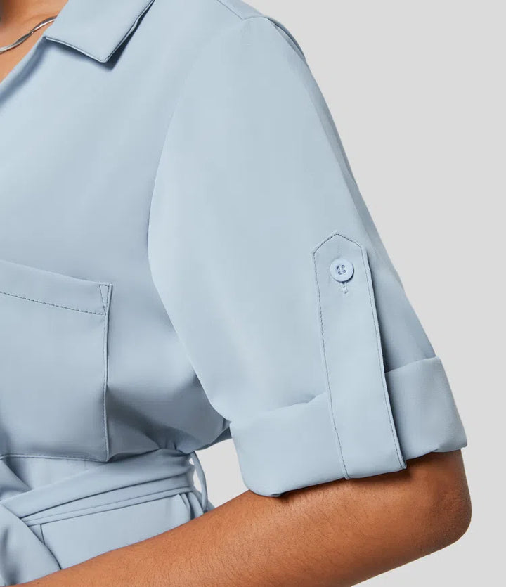 Collared Roll Up Sleeve Belted Relaxed Work Shirt Dress