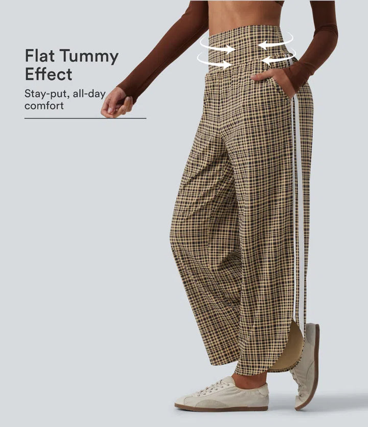 High Waisted Tummy Control Plaid Wide Leg Running Trousers with Pockets
