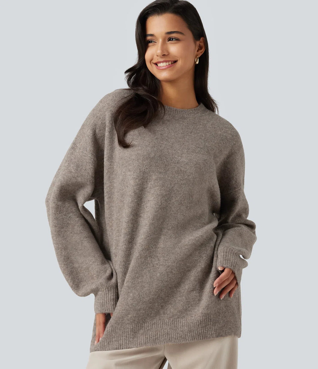Round Neck Dropped Long Sleeve Work Wool-Blend Jumper