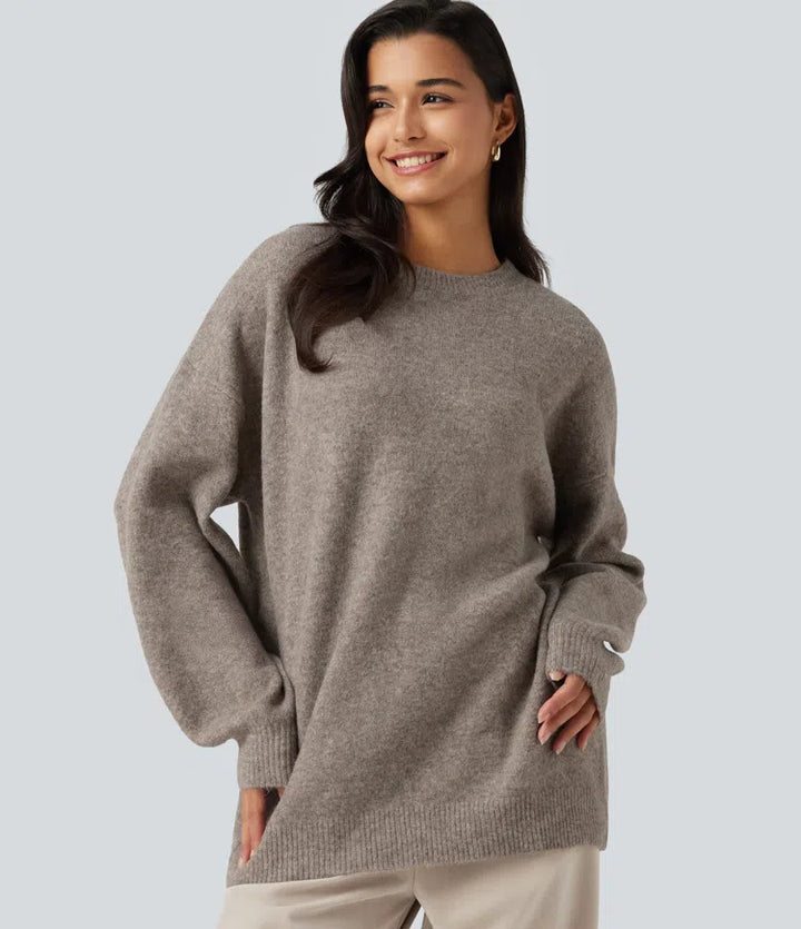 Round Neck Dropped Long Sleeve Work Wool-Blend Jumper